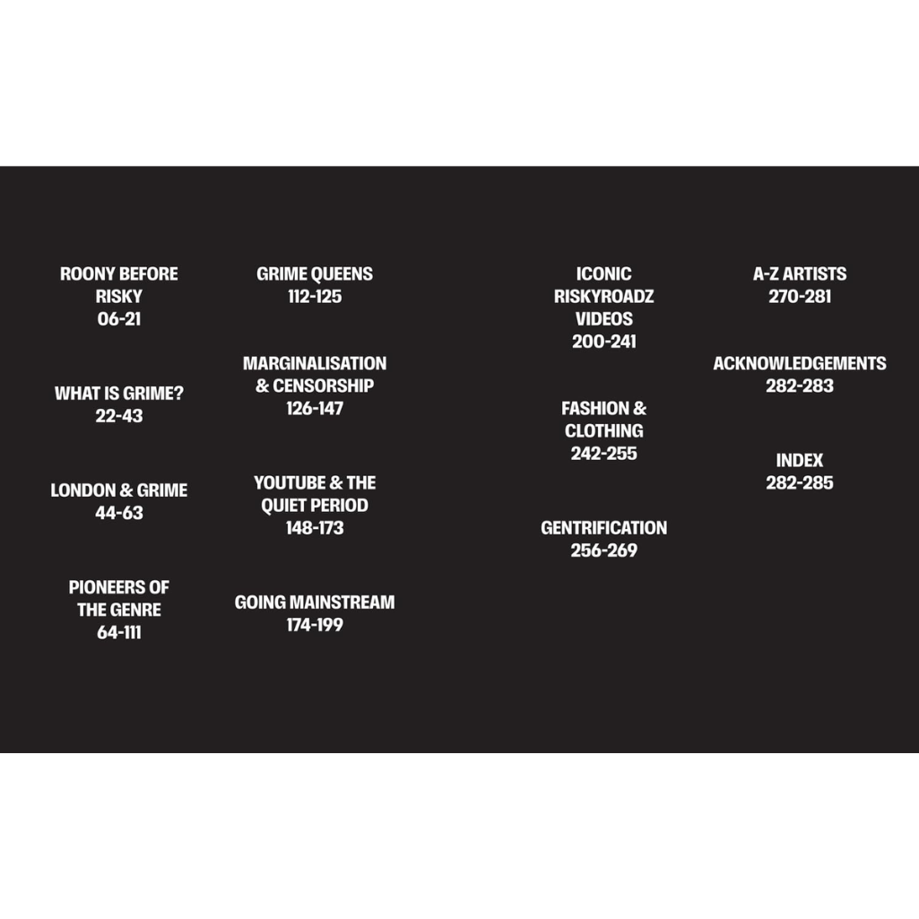 Table of contents for a book or document on grime culture with black text on a white background.