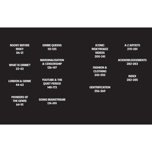 Table of contents for a book or document on grime culture with black text on a white background.