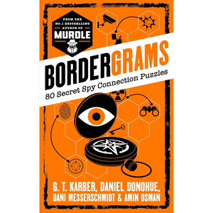 Book cover of 'Bordergrams' with spy-themed illustrations on an orange background