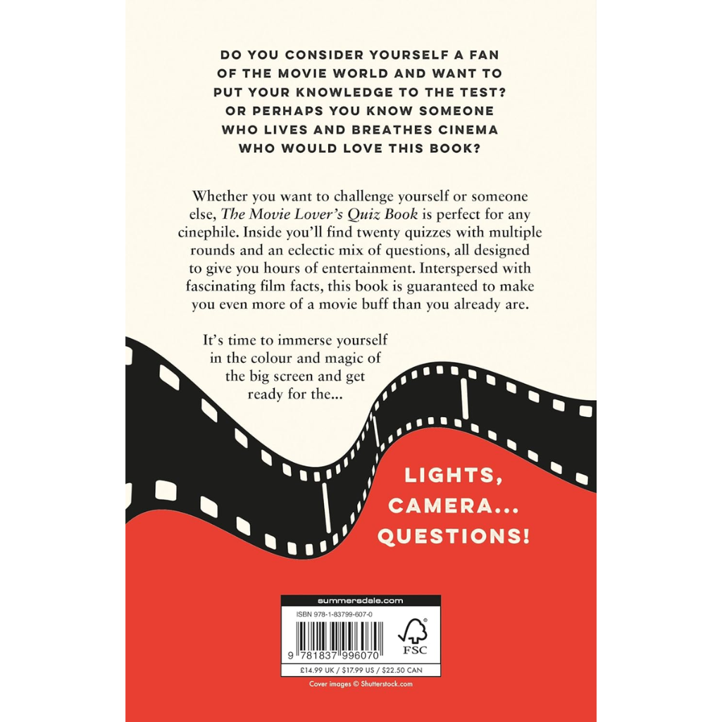 Back cover of a book titled 'The Movie Lover's Quiz Book' with text and film strip design.