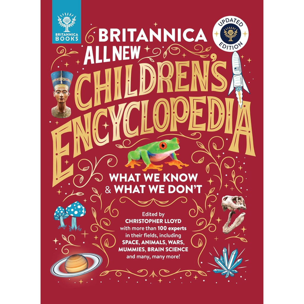 Cover of 'All New Children's Encyclopedia' with colorful illustrations on a red background