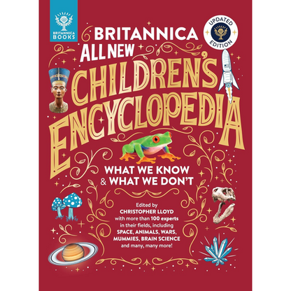 Cover of 'All New Children's Encyclopedia' with colorful illustrations on a red background