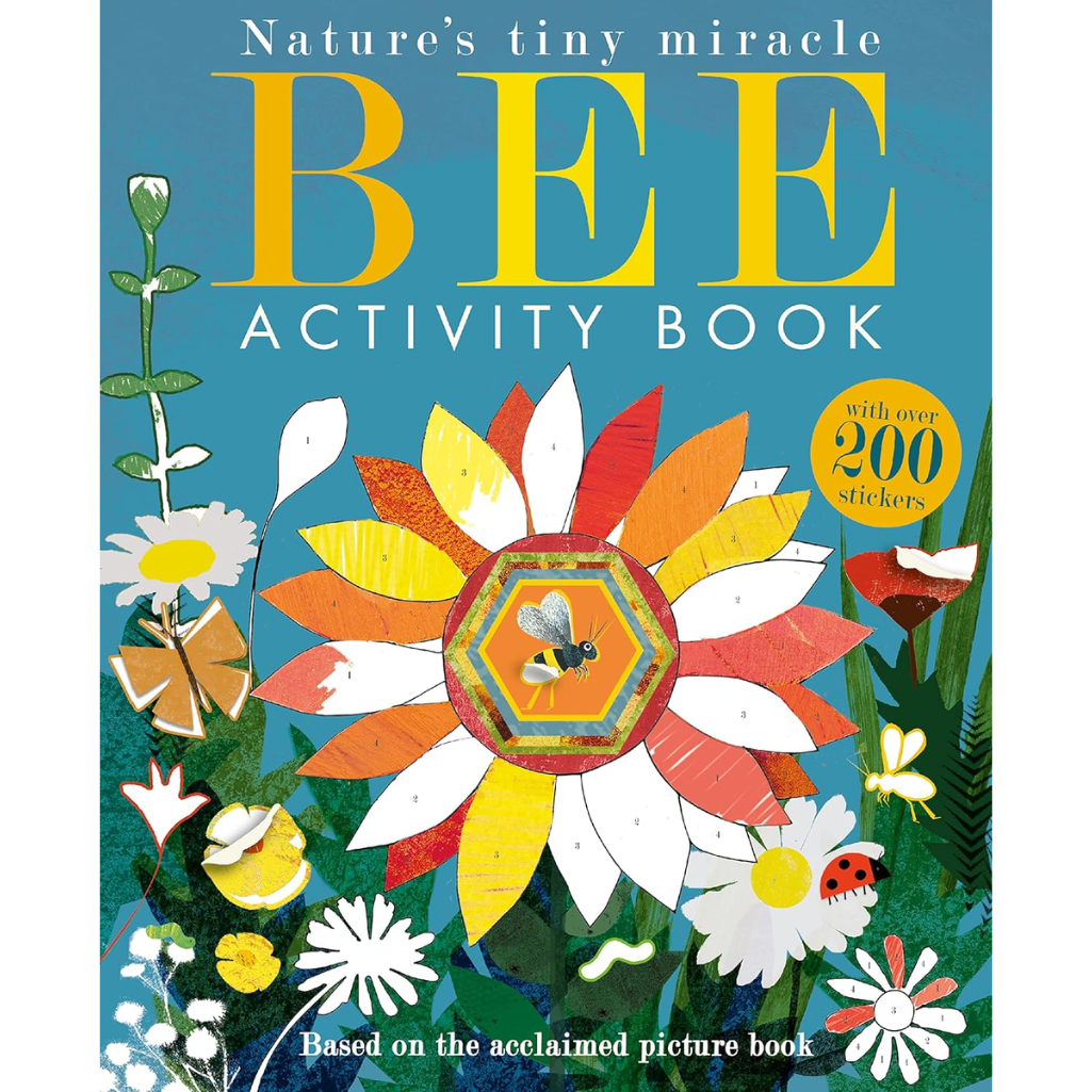 Cover of 'BEE Activity Book' with colorful flowers and a bee on a blue background