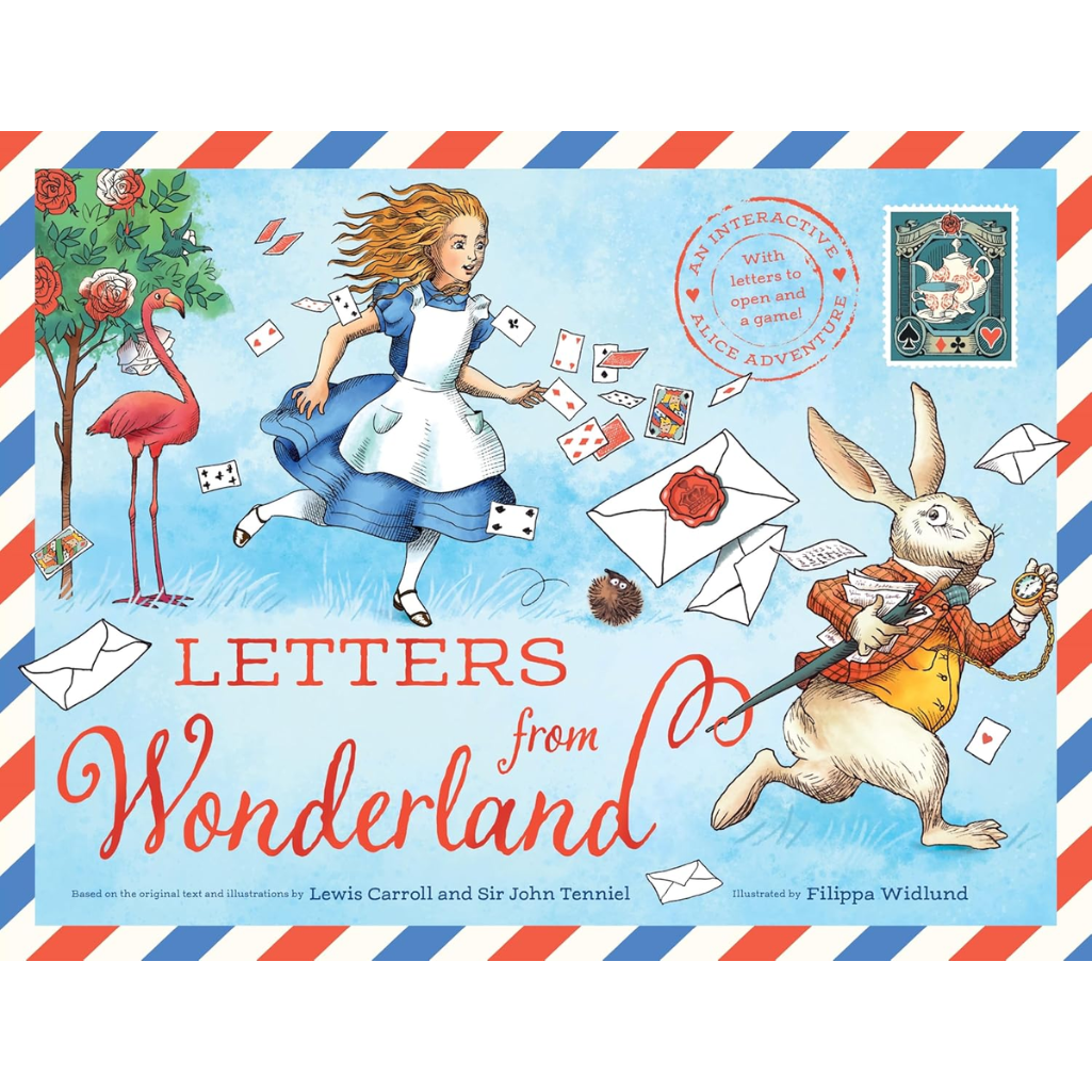 Book cover of 'Letters from Wonderland' with illustrations of Alice and the White Rabbit on a blue background.