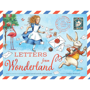 Book cover of 'Letters from Wonderland' with illustrations of Alice and the White Rabbit on a blue background.