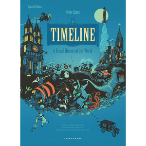 Book cover of 'Timeline: A Visual History of Our World' by Peter Goes with illustrated design elements.