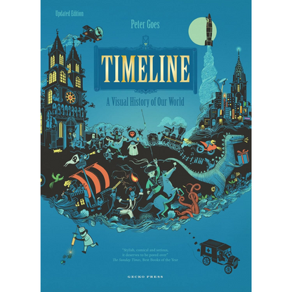 Book cover of 'Timeline: A Visual History of Our World' by Peter Goes with illustrated design elements.