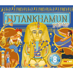 Cover of 'Tutankhamun Pop-Up' book with colorful illustrations and gold figure on a blue background.