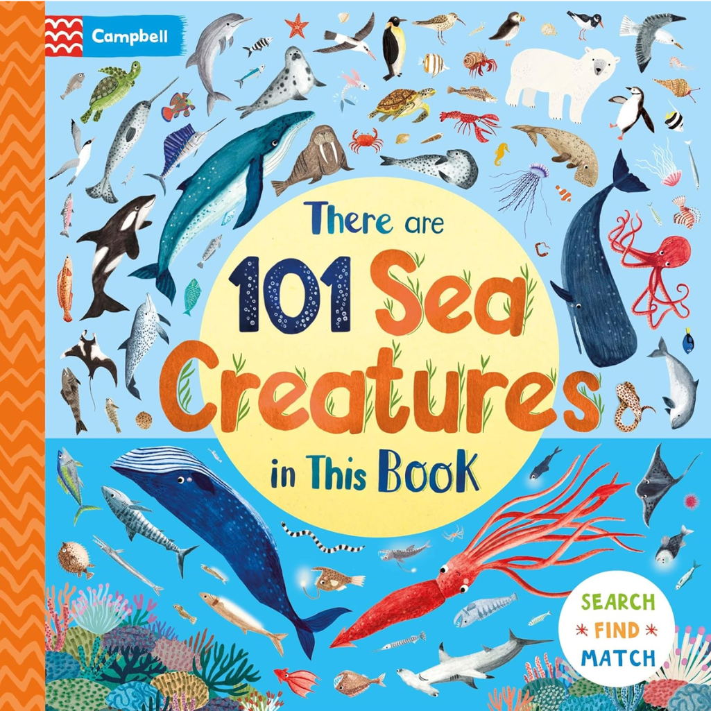 Book cover with illustrations of sea creatures and text 'There are 101 Sea Creatures in This Book' on a blue background.