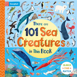Book cover with illustrations of sea creatures and text 'There are 101 Sea Creatures in This Book' on a blue background.