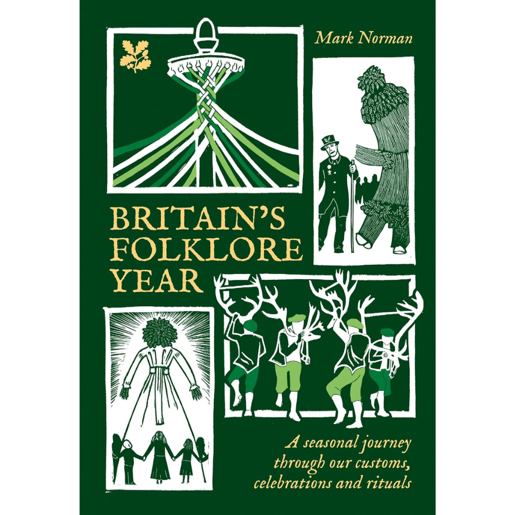 Book cover of 'Britain's Folklore Year' with illustrations and text on a green background
