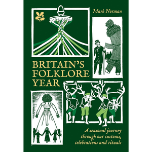 Book cover of 'Britain's Folklore Year' with illustrations and text on a green background