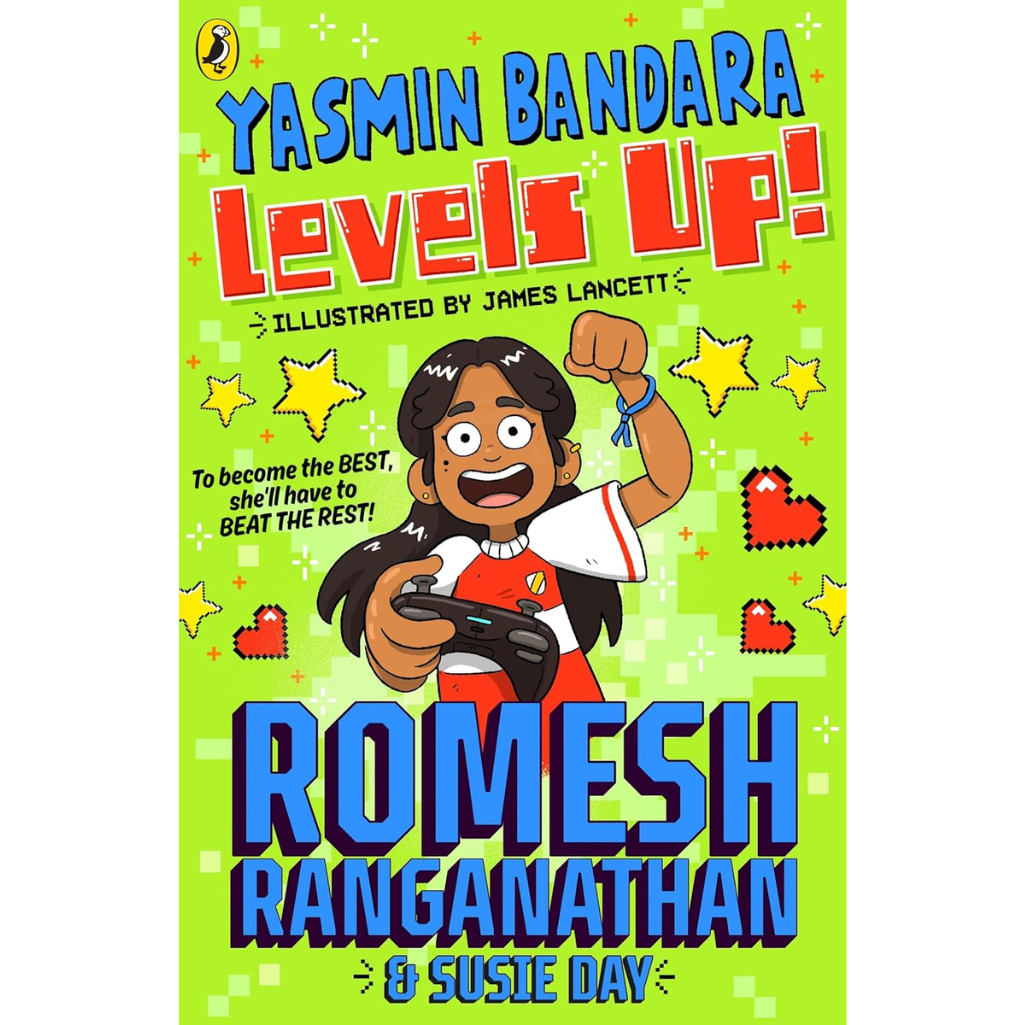 Book cover of 'Levels Up!' with a character holding a game controller on a green background