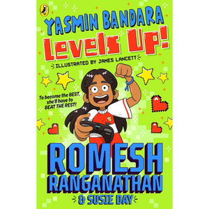 Book cover of 'Levels Up!' with a character holding a game controller on a green background