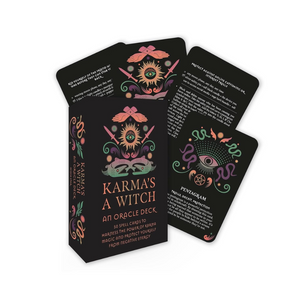 Karma's A Witch oracle deck packaging with colorful designs on a white background