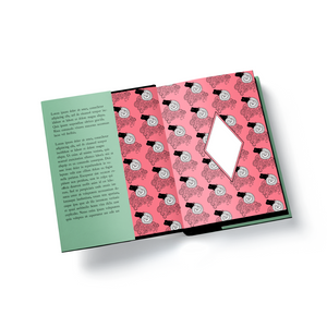 Open book with pink patterned pages and green interior page on a white background