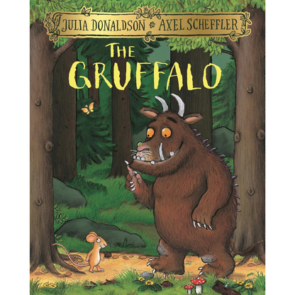 Book cover of 'The Gruffalo' with the Gruffalo and a mouse in a forest setting.