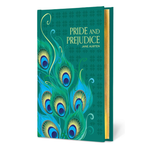 Book cover of 'Pride and Prejudice' with peacock feather design on a green background