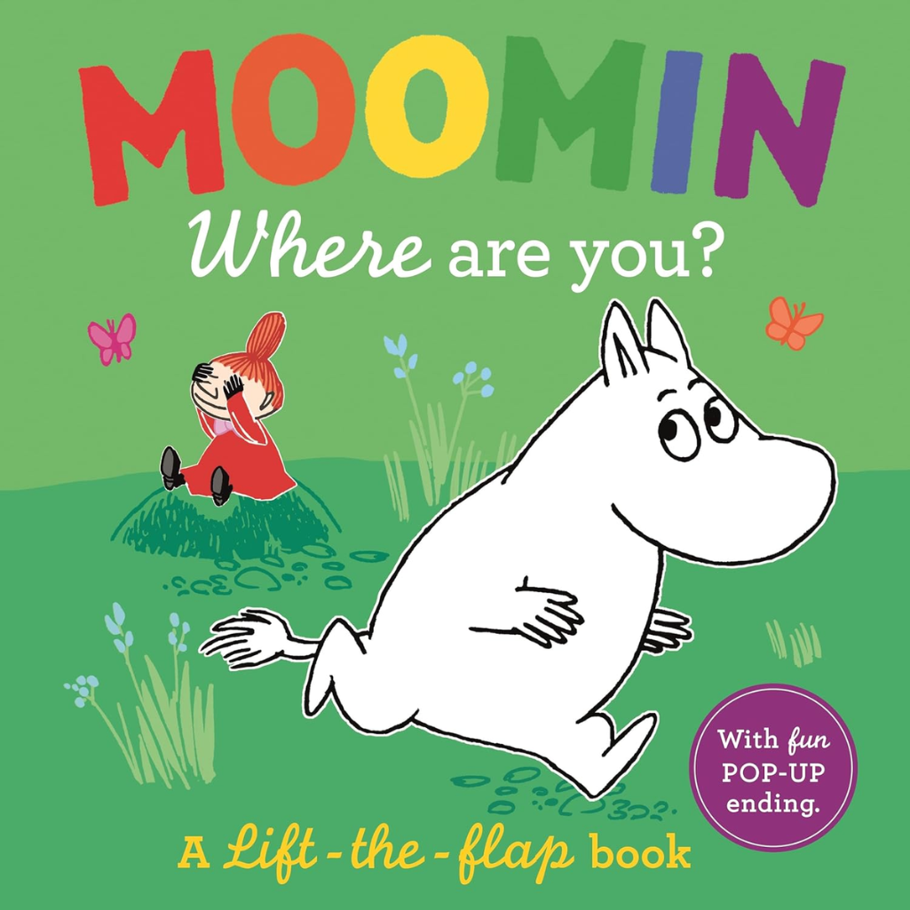 Book cover of 'Moomin Where are you?' with Moomin characters on a green background