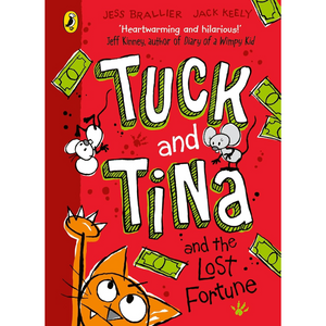 Book cover of 'Tuck and Tina and the Lost Fortune' with cartoon characters and red background