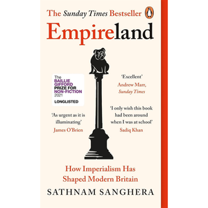 Book cover of 'Empireland' by Sathnam Sanghera with a silhouette of a dog on a pedestal.