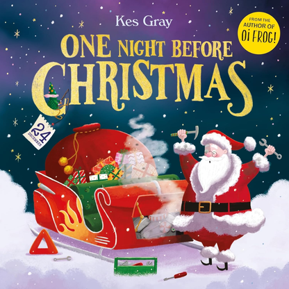 Book cover of 'One Night Before Christmas' with Santa Claus and a sleigh on a snowy night.