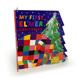 Children's book titled 'My First Elmer Christmas' with a colorful elephant and Christmas tree on the cover.