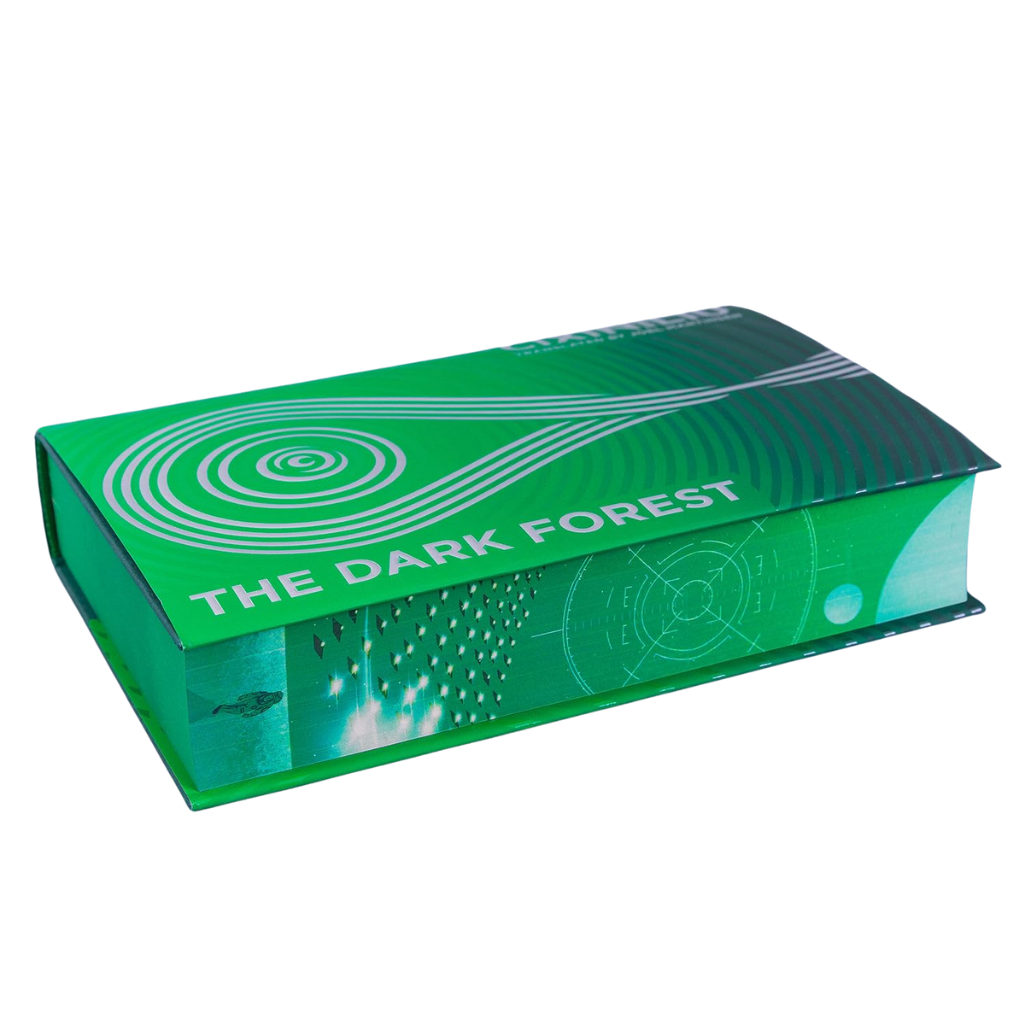 Green book-shaped box with 'The Dark Forest' text on a white background