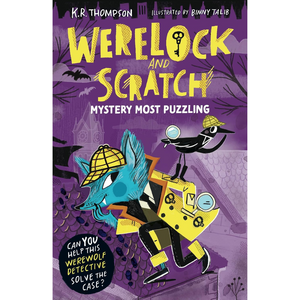 Book cover of 'Werelock and Scratch' with a purple background and cartoon characters.