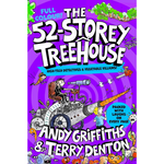 Book cover of 'The 52-Storey Treehouse' with colorful illustrations and text on a purple background.
