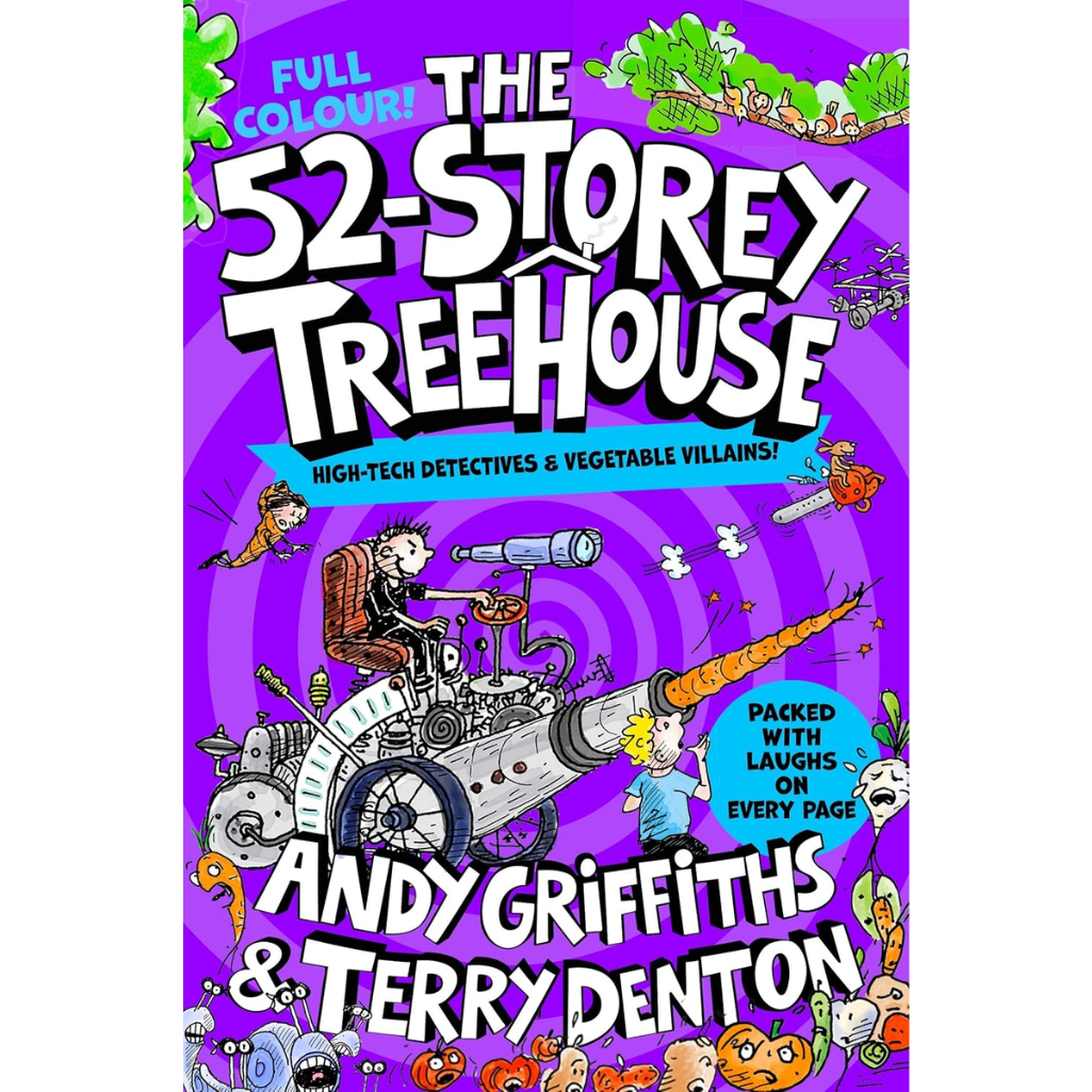 Book cover of 'The 52-Storey Treehouse' with colorful illustrations and text on a purple background.