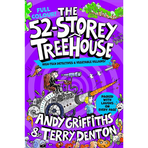 Book cover of 'The 52-Storey Treehouse' with colorful illustrations and text on a purple background.