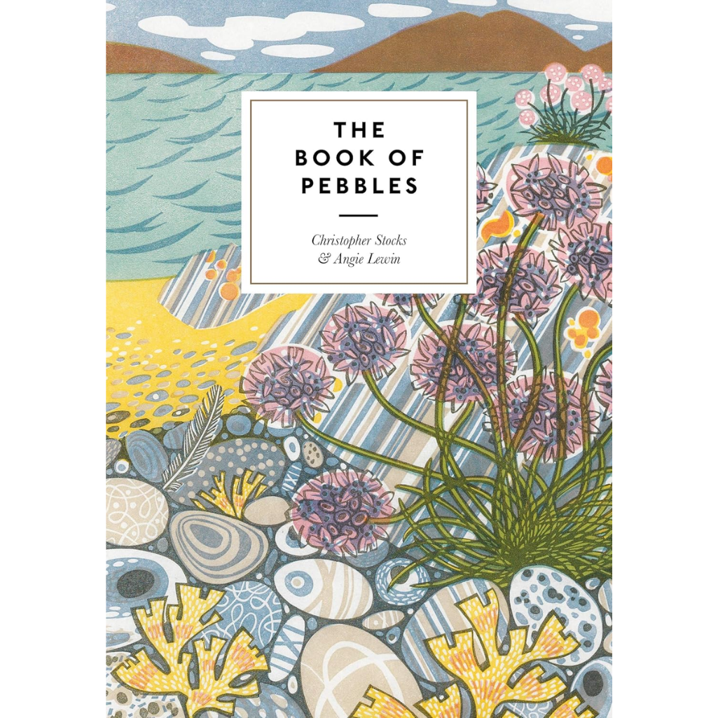 Book cover of 'The Book of Pebbles' with illustrations of pebbles, plants, and a landscape.