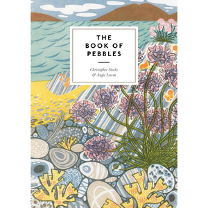 Book cover of 'The Book of Pebbles' with illustrations of pebbles, plants, and a landscape.