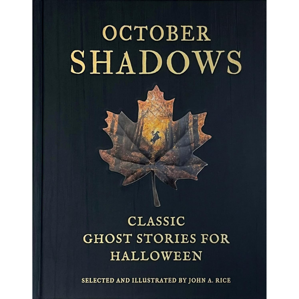 Book cover of 'October Shadows' with a leaf illustration on a dark background
