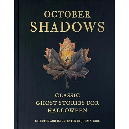 Book cover of 'October Shadows' with a leaf illustration on a dark background