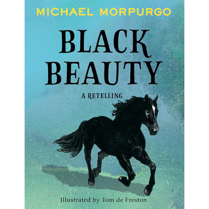 Book cover of 'Black Beauty' with a horse illustration on a blue background