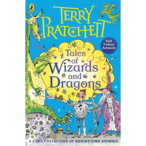 Book cover of 'Tales of Wizards and Dragons' by Terry Pratchett with colorful illustrations of wizards and dragons.