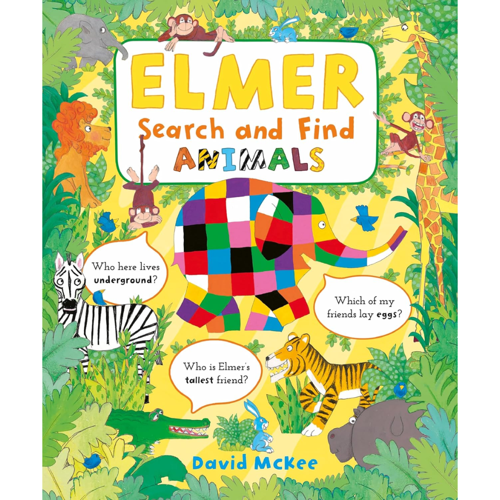 Book cover of 'Elmer Search and Find Animals' with colorful illustrations of animals and Elmer the elephant.