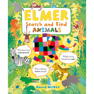 Book cover of 'Elmer Search and Find Animals' with colorful illustrations of animals and Elmer the elephant.