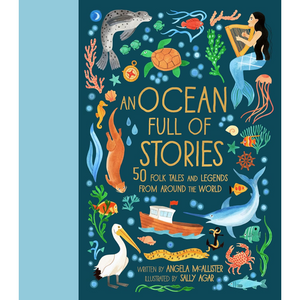 Book cover of 'An Ocean Full of Stories' with illustrations of sea creatures and a mermaid.