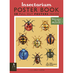 Insectarium poster book cover with illustrations of beetles on a red background