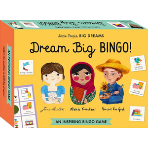 Box of 'Dream Big Bingo!' game featuring illustrations of Jane Austen, Malala Yousafzai, and Vincent Van Gogh.