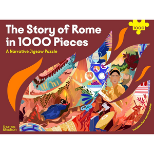 Jigsaw puzzle box titled 'The Story of Rome in 1000 Pieces' with colorful illustrations on a brown background.