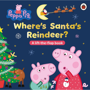 Book cover of 'Peppa Pig: Where's Santa's Reindeer?' with Peppa and George Pig, Christmas tree, and Santa Claus.