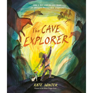 Book cover of 'The Cave Explorer' with a boy and dog in a cave illustration.