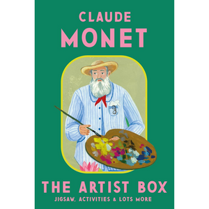 Book cover of 'Claude Monet: The Artist Box' with a stylized illustration of Monet holding a palette on a green background.