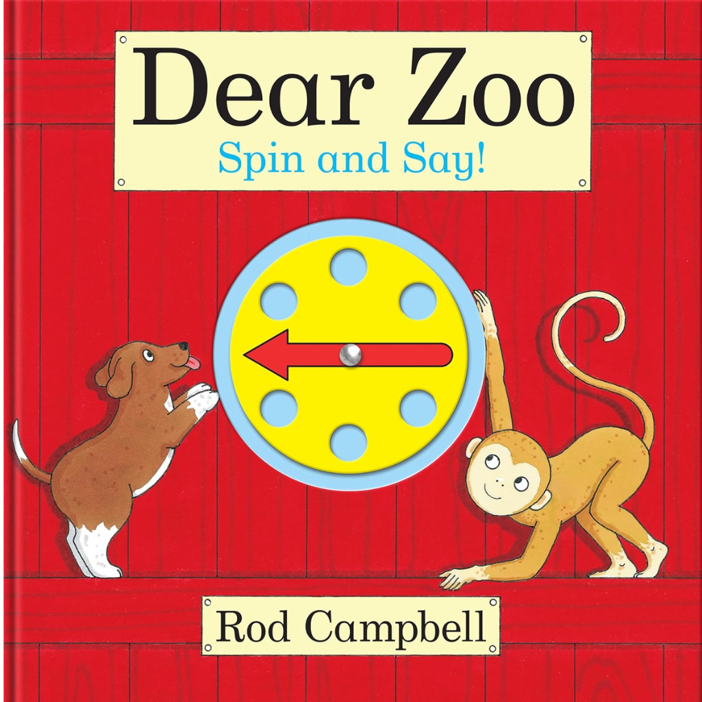 Book cover of 'Dear Zoo: Spin and Say!' by Rod Campbell with a red background and spinning wheel.
