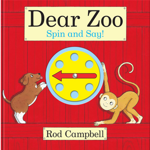 Book cover of 'Dear Zoo: Spin and Say!' by Rod Campbell with a red background and spinning wheel.
