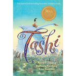 Book cover of 'Tashi' with a swan and child illustration, colorful text, and 30th anniversary badge.